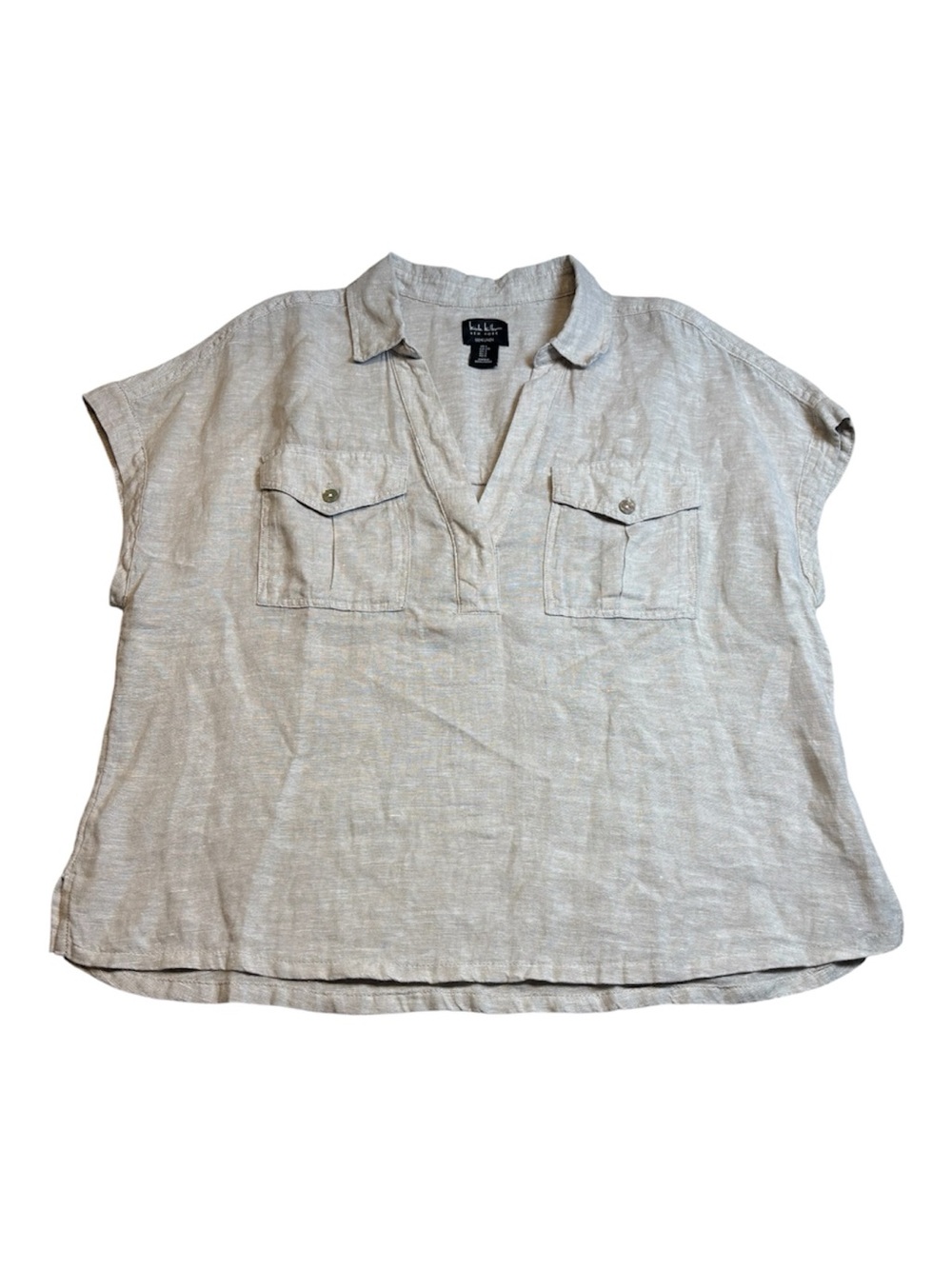 Nicole Miller NY 100% Linen Popover Utility Blouse Gray Oatmeal Large GUC